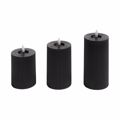OHS Set of 3 Ribbed Black Flameless LED Pillar Candles with Flickering Effect – 2