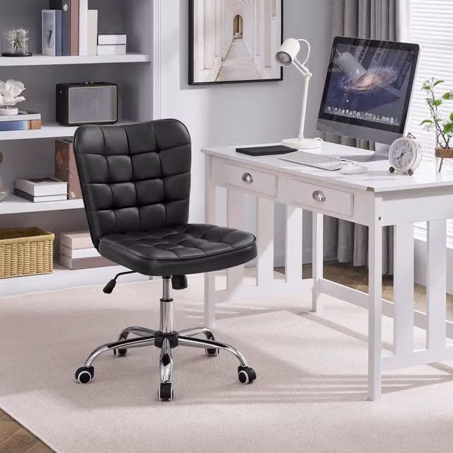 Yaheetech Black Minimalist Synthetic Leather Armless Task Chair with 360 Degree Swivel and Castors