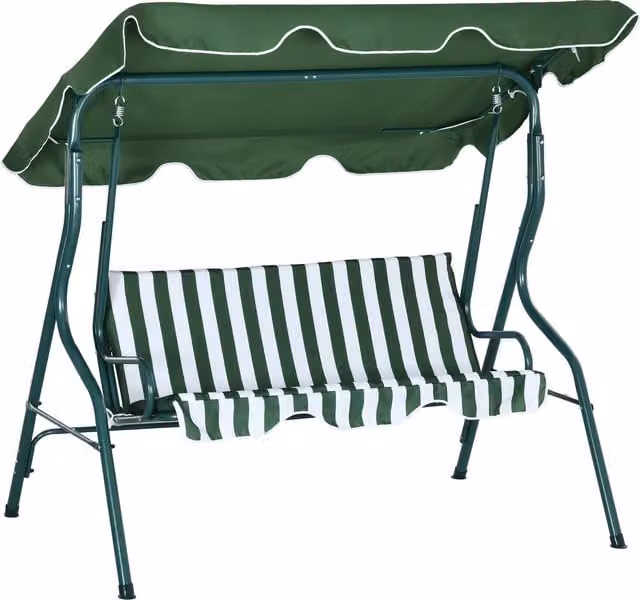 Outsunny 3 Seater Waterproof Garden Swing Seat with Adjustable Canopy and Metal Frame, Green Stripes – 1