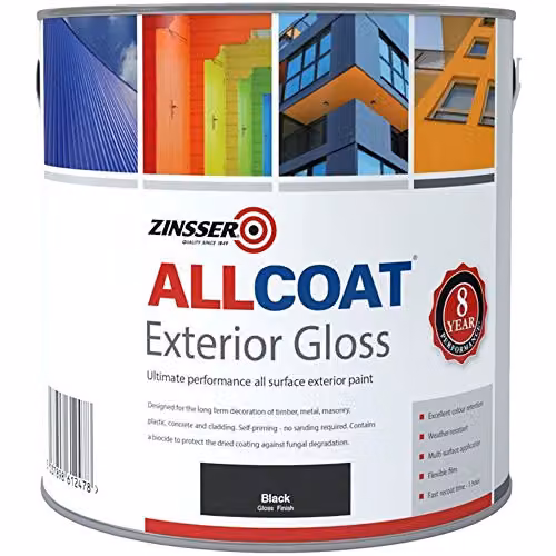 Zinsser Allcoat Exterior Water Based Gloss Paint, Black, 5 l