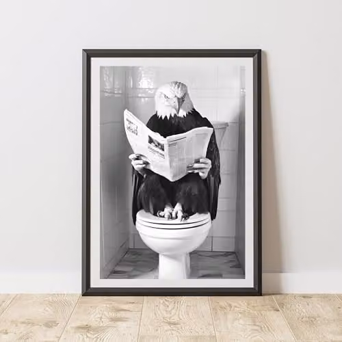 60 Second Makeover Eagle On The Toilet Animal Print Paper Poster, Black and White, A4