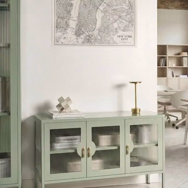Wyld and Coco Industrial Green Steel 3-Door Sideboard with Glass and Lock