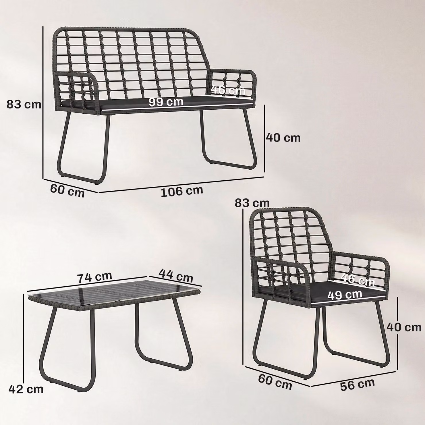 Outsunny 4 Piece Rattan Garden Furniture Set with Loveseat, Armchairs and Glass Coffee Table – 3