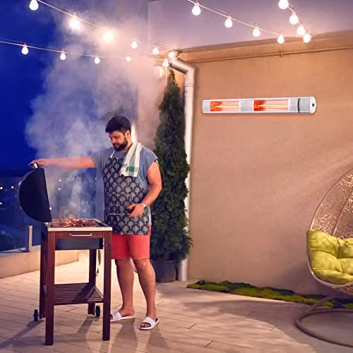 Mylek 3000W Electric Wall Mounted Patio Heater in Silver with Aluminium Housing and Remote Control – 3