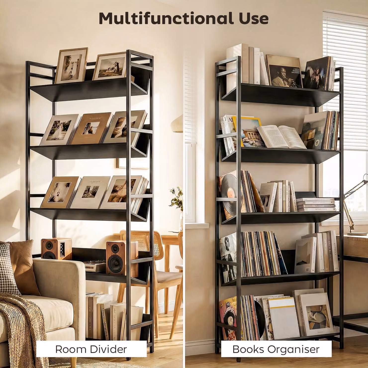HOMCOM 5-Tier Industrial Metal Frame Bookshelf and Room Divider in Black – 4
