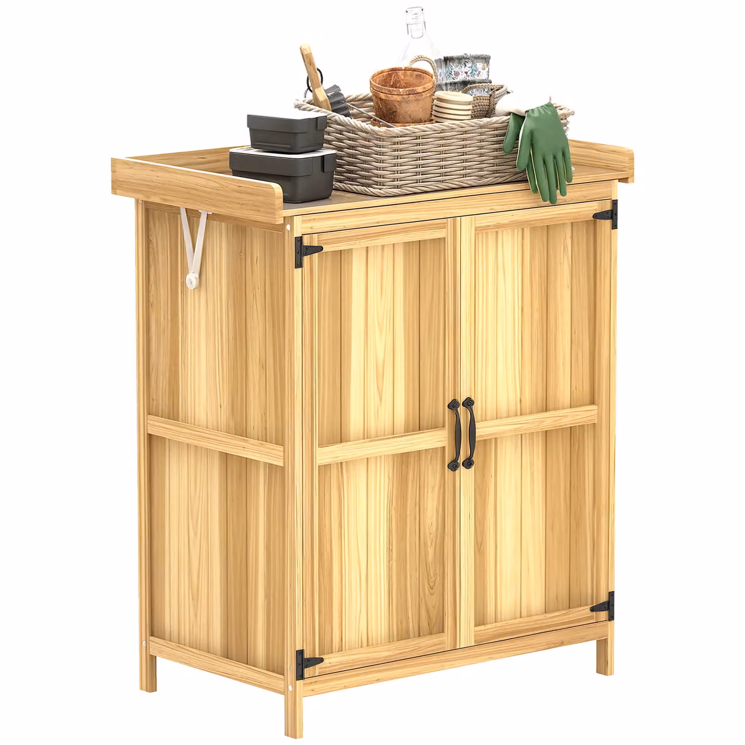 OUTSUNNY Natural Wood Low Cabinet with Double Doors and Shelving, W/D/H: 88 x 74 x 43 cm – 2