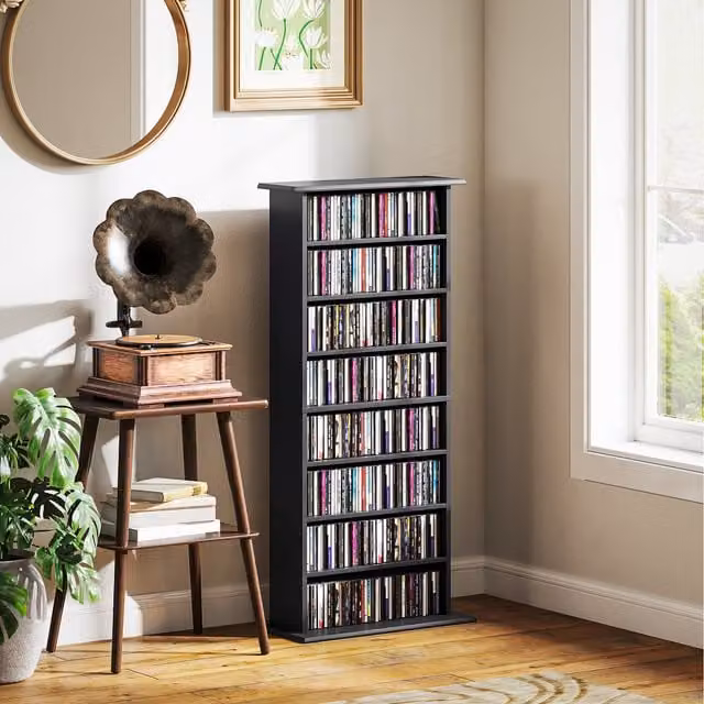 HOMCOM Black Modern CD and DVD Storage Unit with Adjustable Shelves and Media Compartments