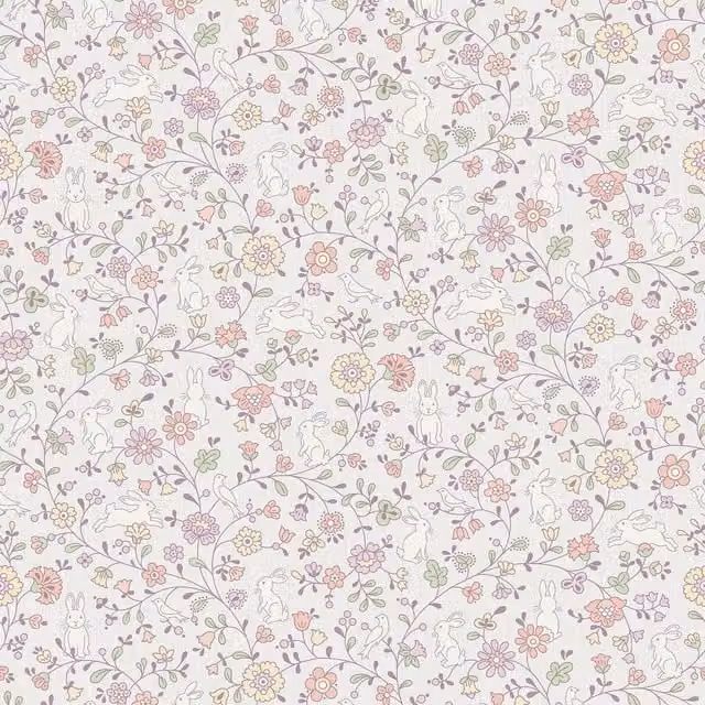 Grandeco Liberty Floral Bunny Trail Nursery Textured Wallpaper in Lilac Multicolour