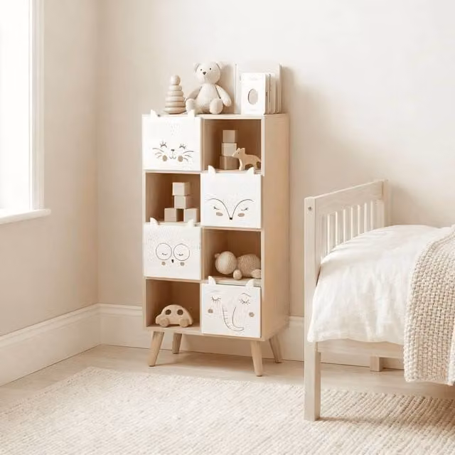 Home Source Milo Kids Bedroom Cube Bookcase and Storage Cabinet with 8 Cubes and 4 Drawers in White and Multicolour – 1