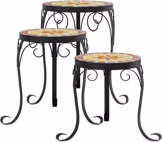 Berkfield Home Set of 3 Mediterranean Geometric Ceramic and Metal Indoor Plant Stands in Terracotta and White – 1