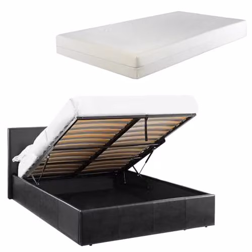 Direct Furniture Suppliers Luna 5ft Kingsize Faux Leather Ottoman Storage Bed with Gas Lift and 15cm Memory Foam Mattress, Black, H: 88.5cm x W: 168cm x L: 213cm – 1