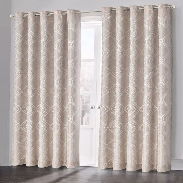 Velosso Modern Swirls Jacquard Eyelet Curtain Pair in Beige and Yellow