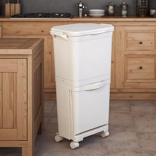 Livingandhome 38l Kitchen Rubbish Bin with Flip Lid and Wheels in Beige and White