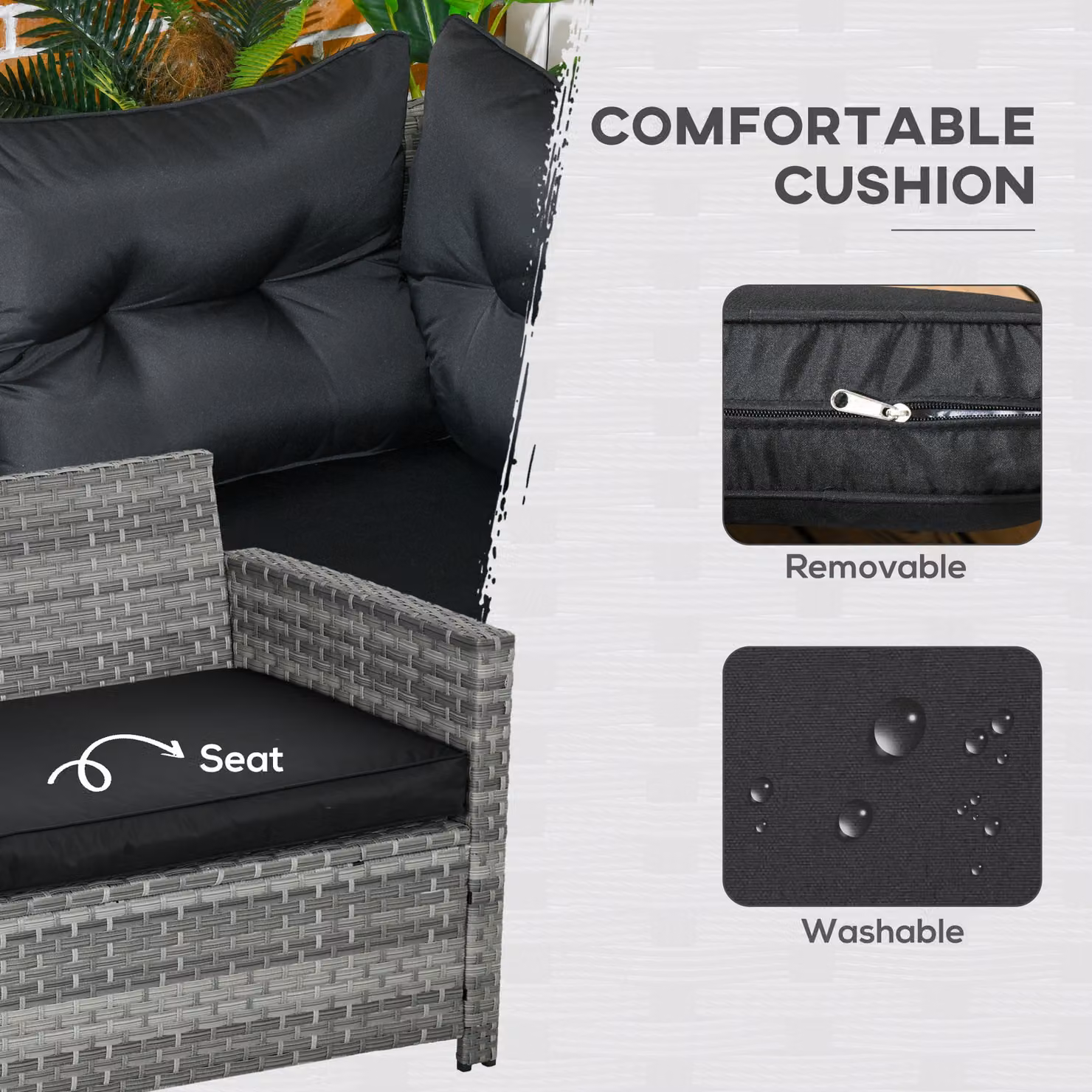 Outsunny 5-Piece L-Shape Rattan Patio Furniture Set in Grey with 3-Seater Sofa, Ottoman, Coffee Table and Cushions – 4
