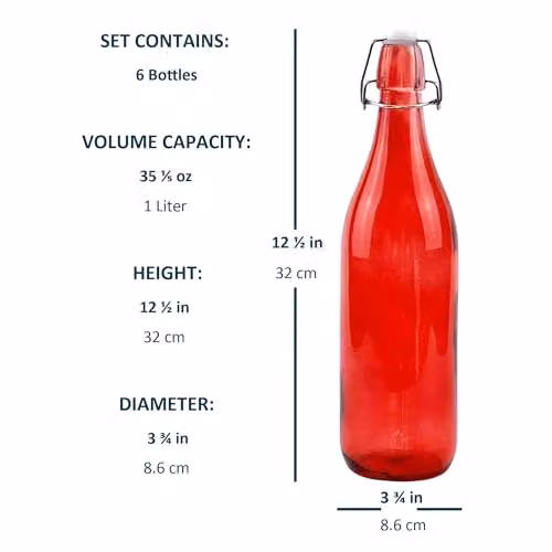 Simpa Set of 6 Red Glass Bottles with Swing Top Lids, 1 l Each – 2