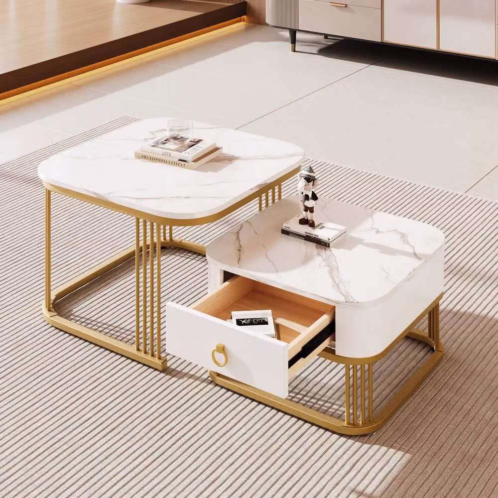 STILVORA Modern Nested Coffee Tables with Drawer and Gold Metal Frame in White – 3