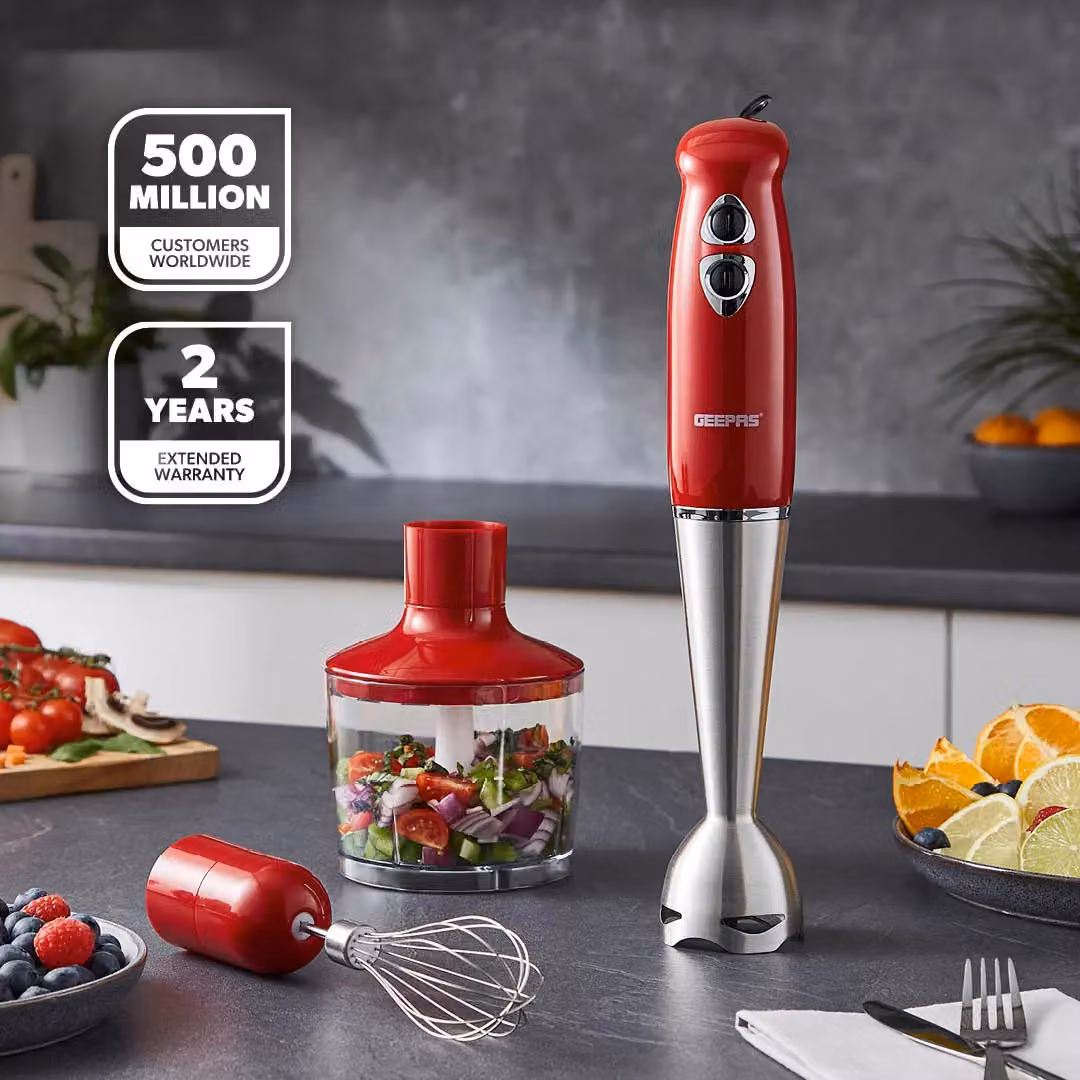 Geepas 3-in-1 Hand Blender Mixer and Chopper Food Processor with Stainless Steel Blades, 400W, Red – 2