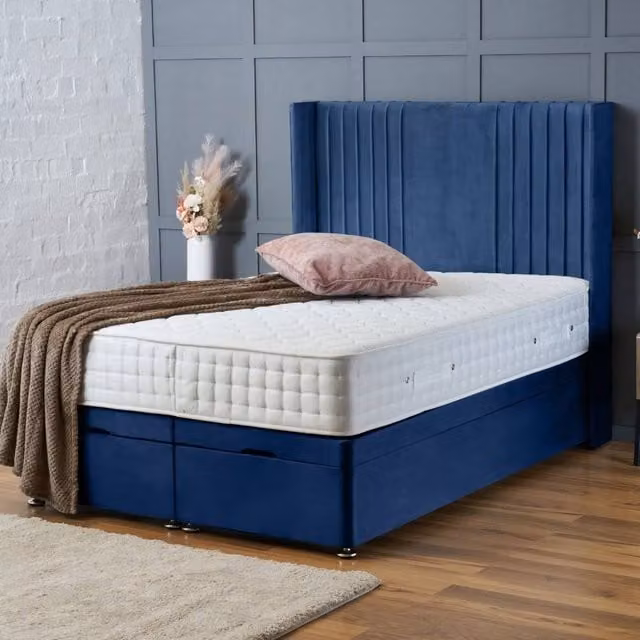BSSPOKE Charlotte Ottoman Divan Bed with 54 inch Headboard in Blue Plush Velvet, W/D/H: 140 x 200 cm