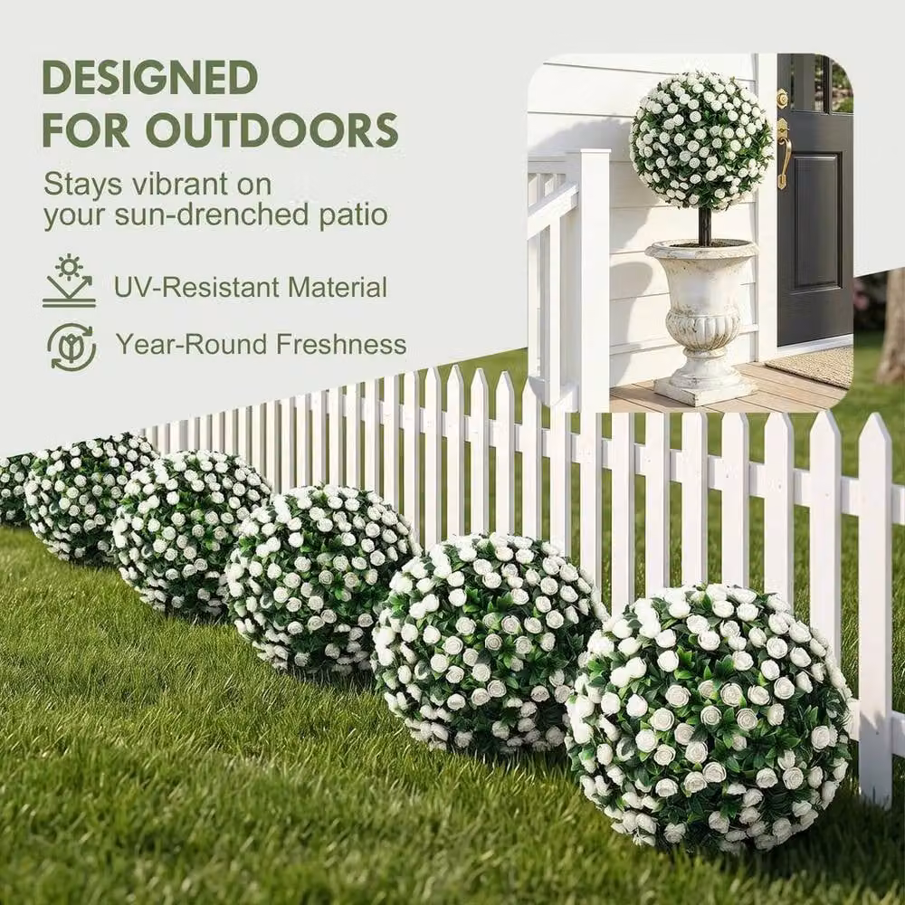 NESTLUNE 2-Pack Artificial Rose Topiary in Green and White, UV Resistant Round Floral Tabletop Decoration, Height: 55 cm – 6