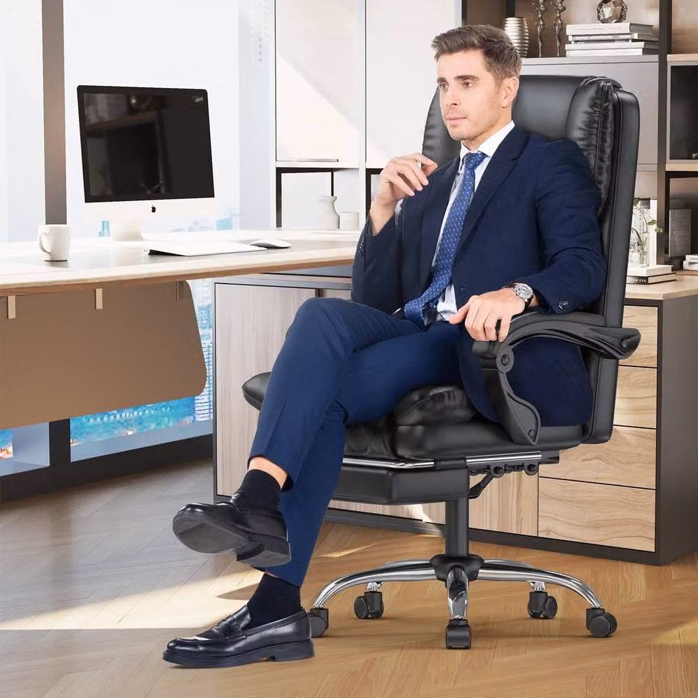 FORGEVIO Executive High Back Desk Chair in Black with Synthetic Leather and Headrest – 2