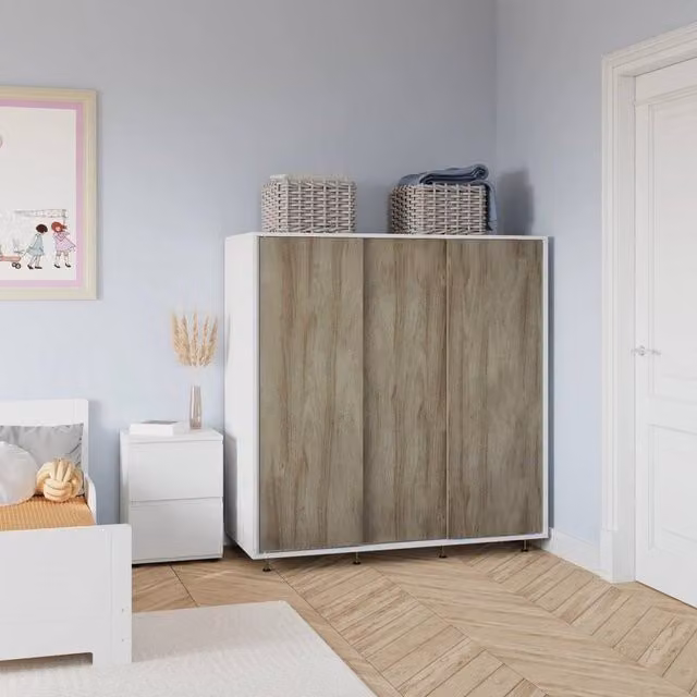 FORGEVIO Modern Bedroom Wardrobe with Hanging Rail and Oak Doors in White and Light Oak, W/D/H: 120 x 51.5 x 120 cm
