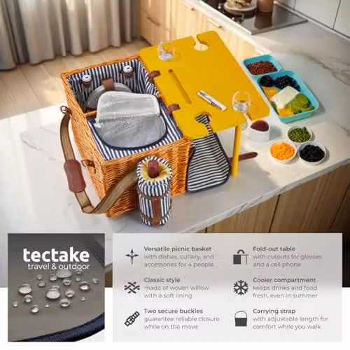 tectake Rügen Picnic Basket in Brown with 24-Piece Dinnerware Set and Cooler Compartment – 2