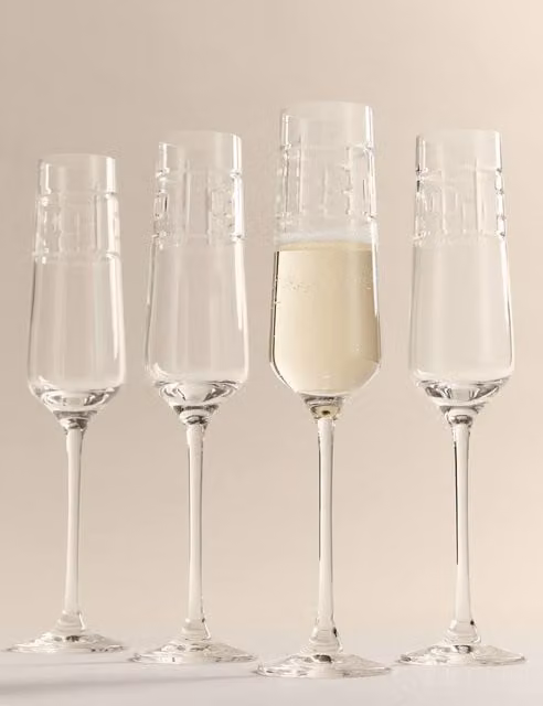 M&S x Kelly Hoppen Set of 4 Etched Geometric Champagne Flutes, Clear Glass