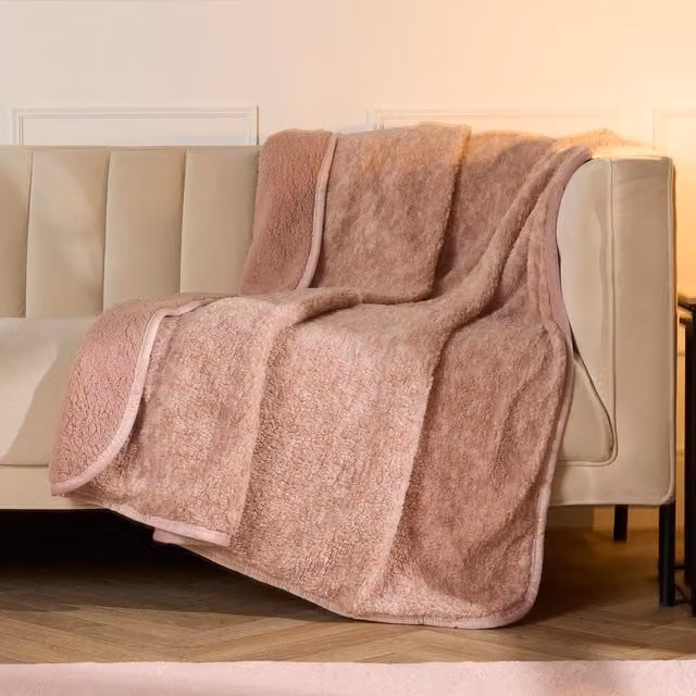OHS Fluffy Teddy Marl Fleece Binded Blanket Throw in Pink