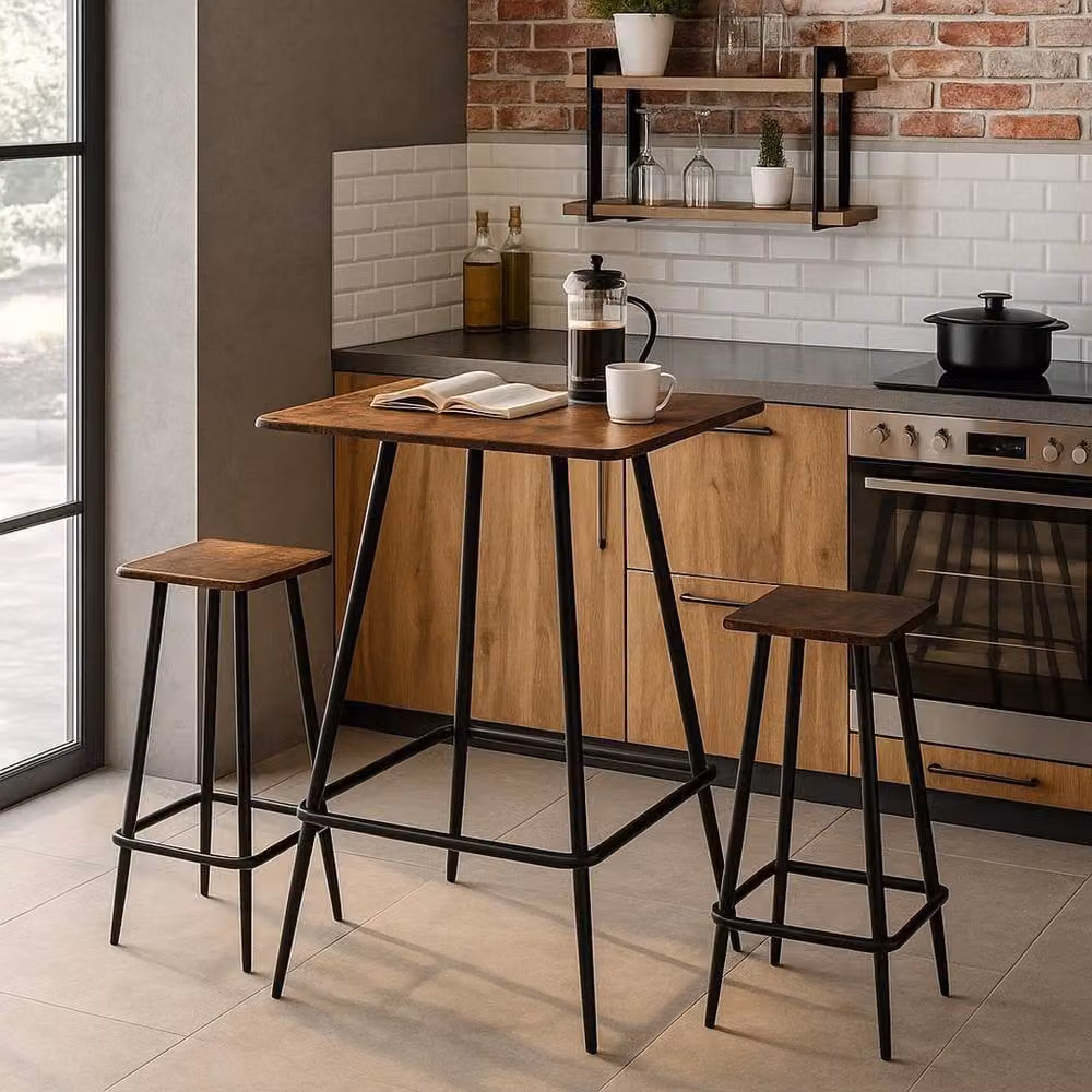 EONLION Rustic Brown Square Breakfast Bar Table and 2 Stools Set – 2