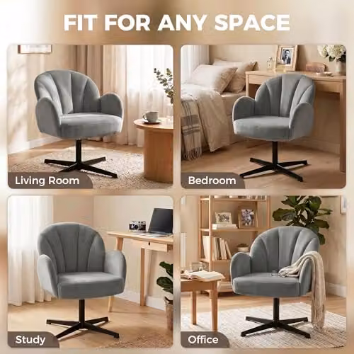 HOMCOM Grey Velvet-Feel Swivel Accent Chair with Armrests – 6
