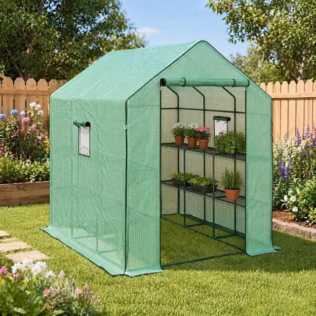 STILVORA Green Walk-in Greenhouse with 12 Shelves and Roll-up Door, H 213 x W 140 x D 190 cm