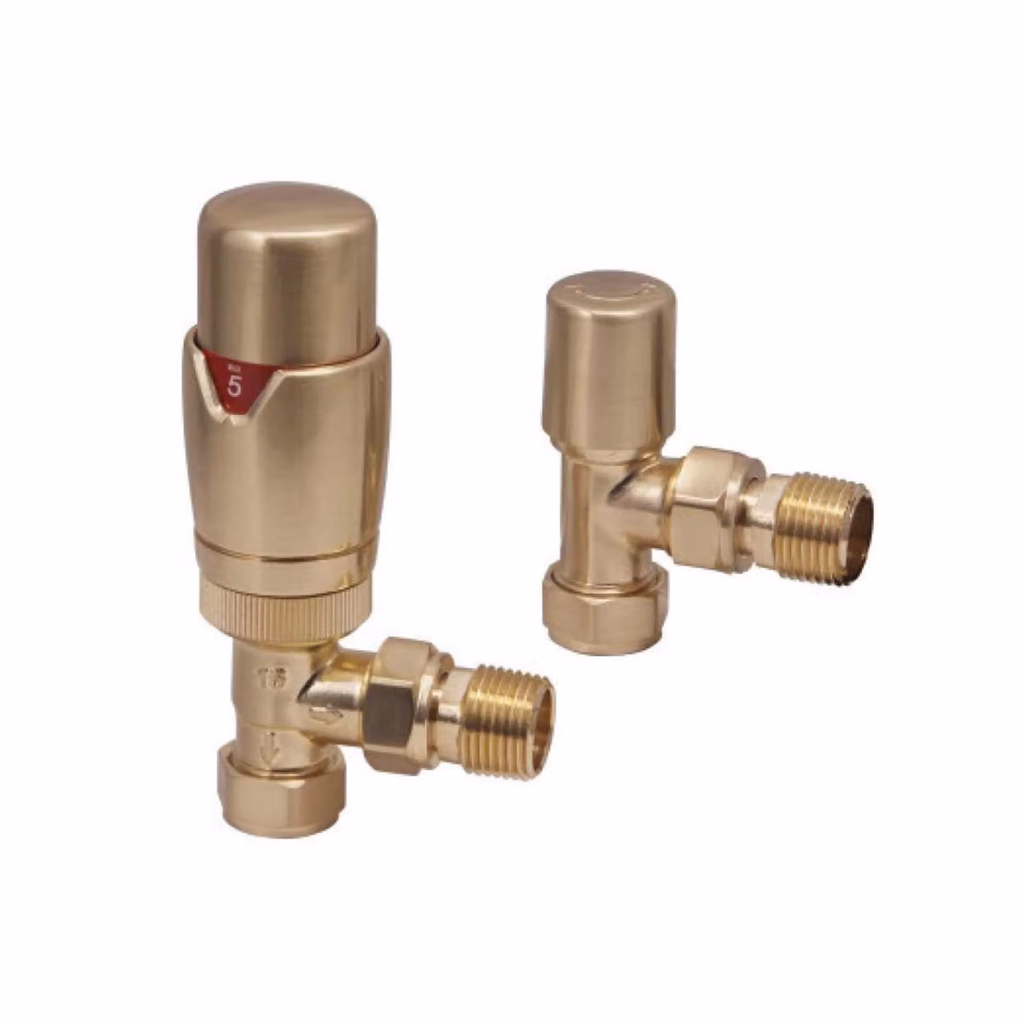 Arno Brushed Brass Round Designer Angled Radiator Valve Pair in Gold
