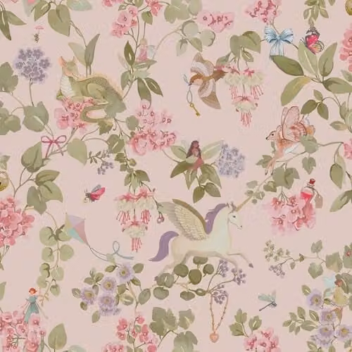 Holden Decor Storybook Away with the Fairies Pink Unicorn and Dragon Themed Wallpaper
