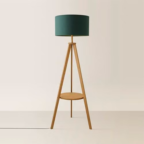 ValueLights Morrigan Wood Tripod Floor Lamp with Green Fabric Cylinder Shade, H 148 cm x W 55 cm x D 55 cm – 1