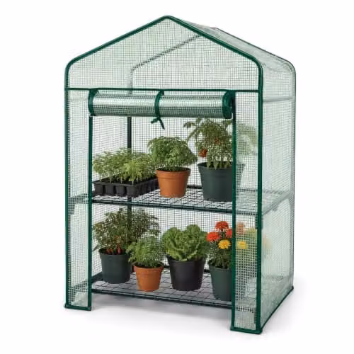 St Helens Home & Garden 2-Tier Mini Greenhouse with Shelves and Green PVC Cover