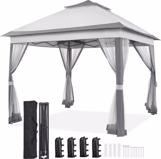 Yaheetech Pop Up Gazebo with 4 Mesh Sidewalls in Grey and White, W: 330 cm, D: 330 cm, H: 271 cm