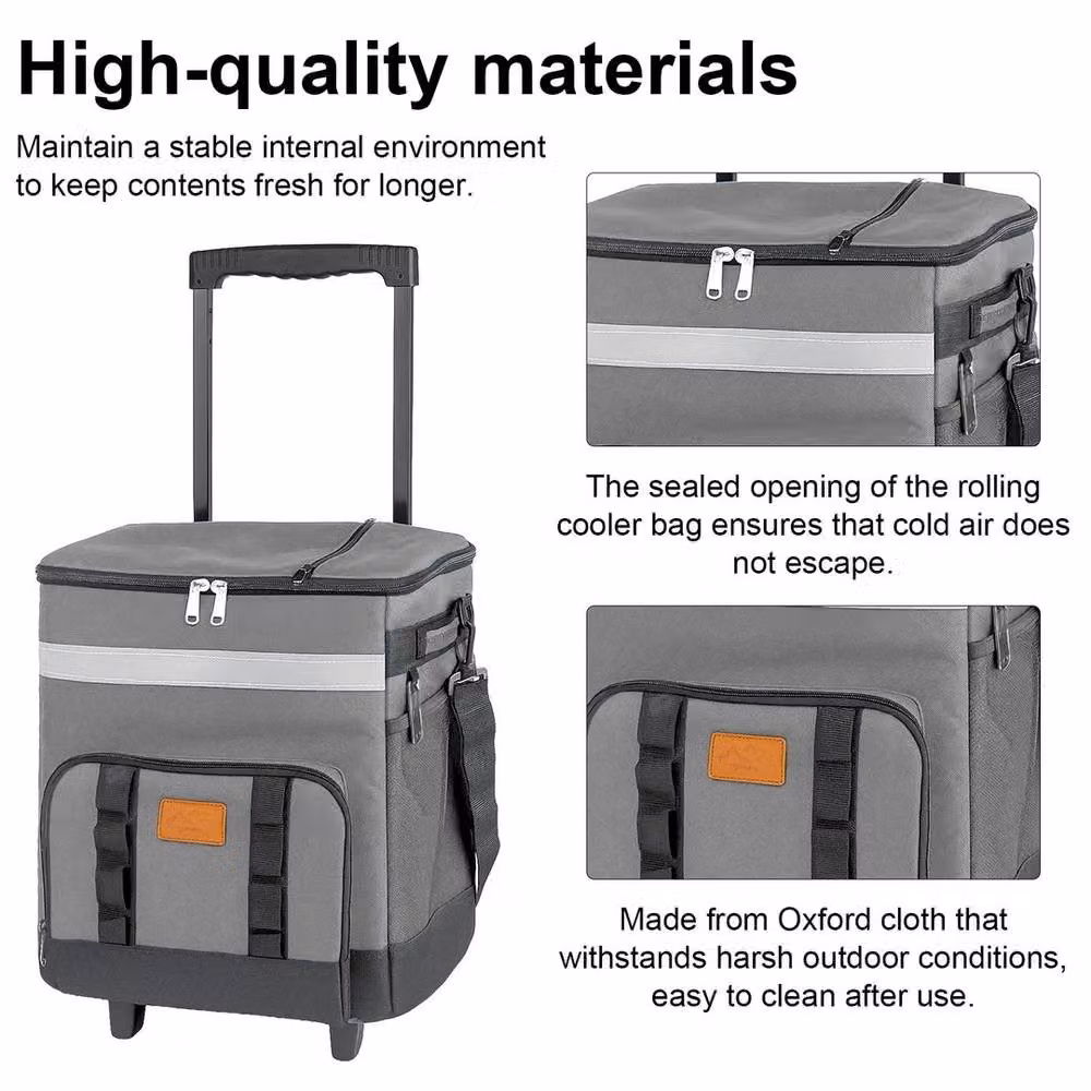 EONLION Grey 35L Portable Insulated Tot Rolling Cooler Bag with Wheels – 4