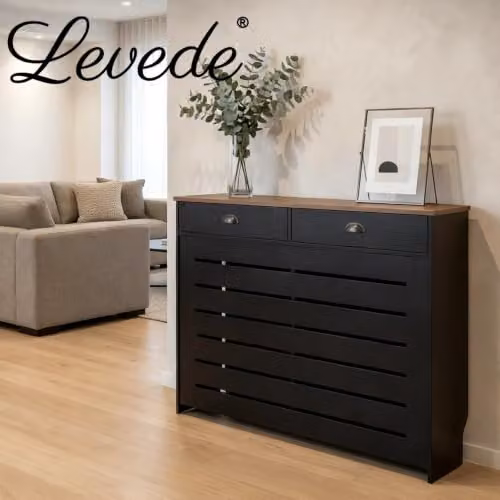 Levede Wooden Radiator Cover with 2 Drawers, Black and Brown MDF Storage Cabinet, W: 111.5 cm, H: 96.5 cm, D: 19.5 cm – 6