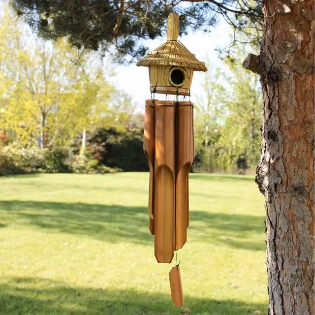 KDMK Large Round Seagrass Bird Box with Chimes, Rustic Hanging Garden Bird Shelter, Brown