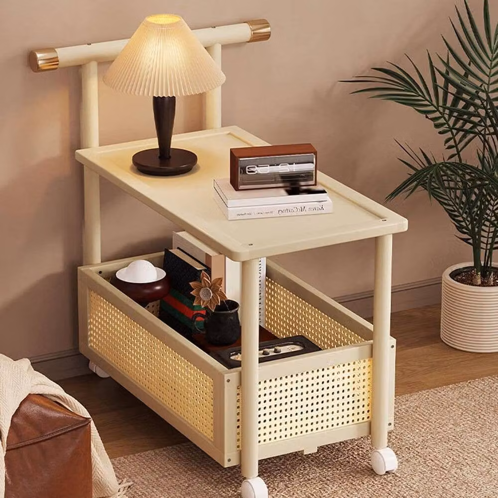 KORVIXA 2-Tier Modern Mobile Sofa Side Table with Castors, Beige, W/D/H: 100 x 100 x 100 cm – 3