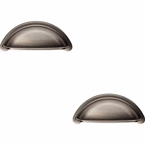 Gun Metal Brushed Shell Cup Pull Handles, 2 Pack, W: 9.4 cm, H: 4.15 cm, Fixing Centres: 7.6 cm