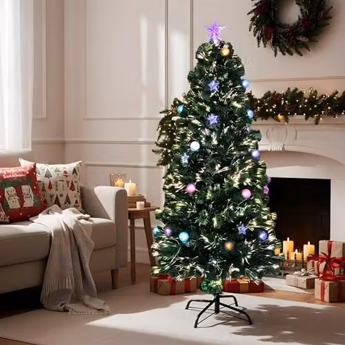 Shatchi 150 cm Green Fibre Optic Pre-Lit Christmas Tree with Multicolour Lights, Baubles and Star Topper – 4