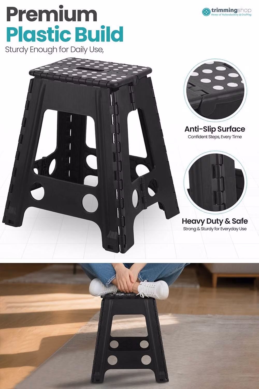 Neel Blue Foldable Step Stool in Black with Anti-Skid Rubber Feet, W/D/H: 45.72 x 28.45 x 21.59 cm – 5