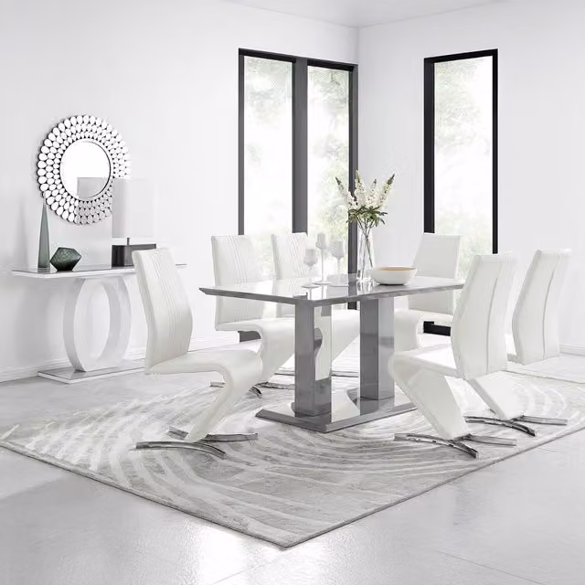 FurnitureboxUK Imperia Grey High Gloss Rectangular Dining Table and 6 White Willow Chairs – 1