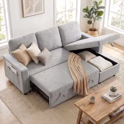 HOMCOM L Shaped 3 Seater Corner Sofa Bed with Reversible Chaise and Pull Out Drawer, Grey