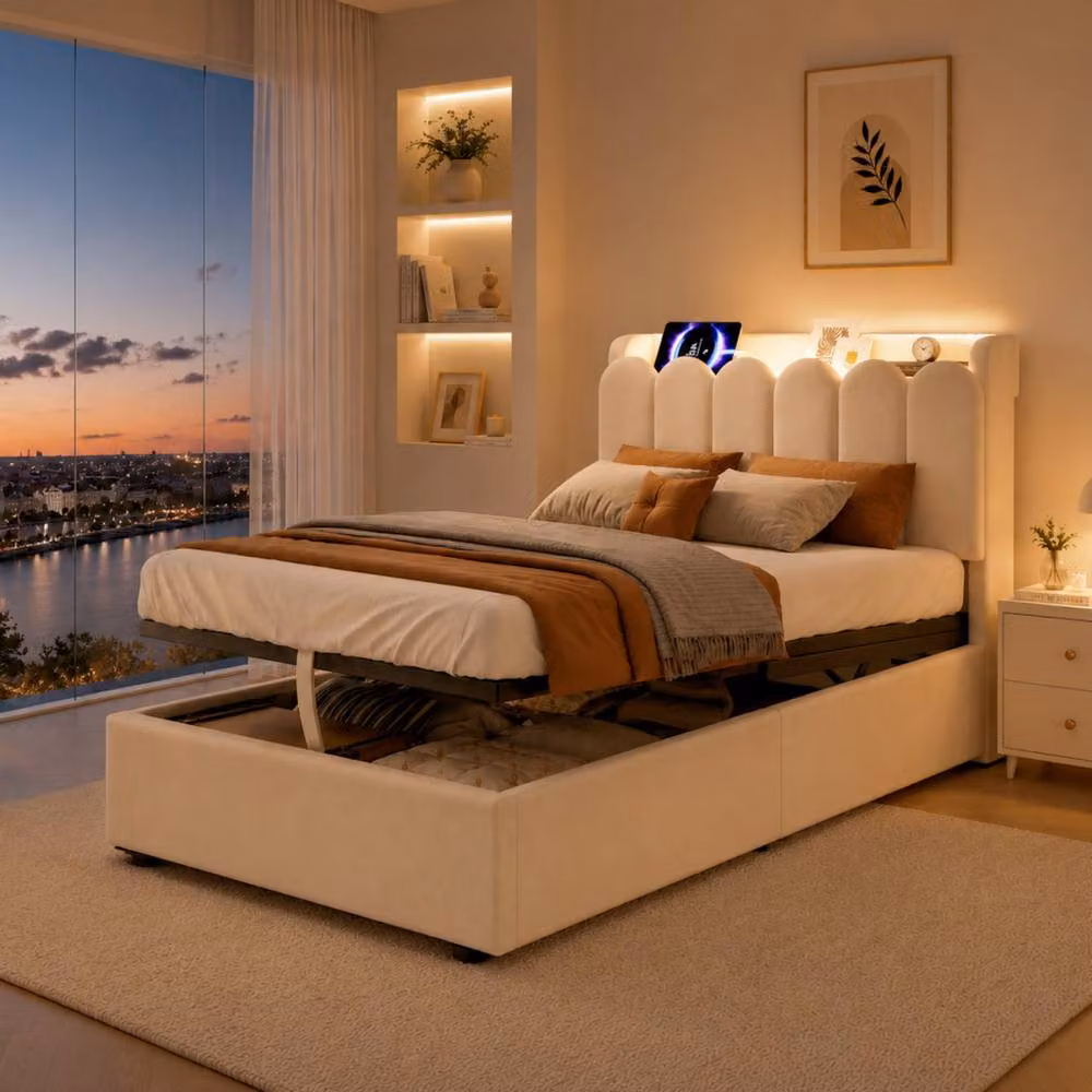 Matteo 3FT Single Ottoman Bed Frame in Beige Velvet with USB Charging Port, Integrated Reading Light and Storage W/D/H: 90 x 190 cm – 2