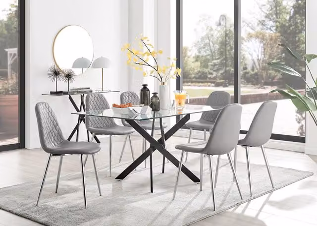 FurnitureboxUK Leonardo Black Leg Glass Dining Table with 6 Corona Silver Chairs in Grey