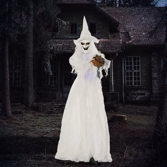 OUTSUNNY 74 inch White Halloween Witch Decoration with Light Up Eyes and Body