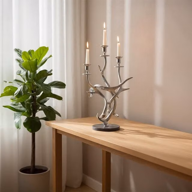 Orsina 3 Arm Antler Candelabra with Black Marble Base in Silver, H 58.0 x W 26.0 x D 26.0 cm