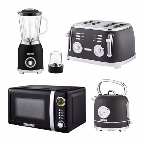 Geepas Retrovive Kitchen Combo Set in Black featuring 20L Digital Microwave, 1.8L Electric Kettle, 4 Slice Toaster and 2-in-1 Jug Blender – 3